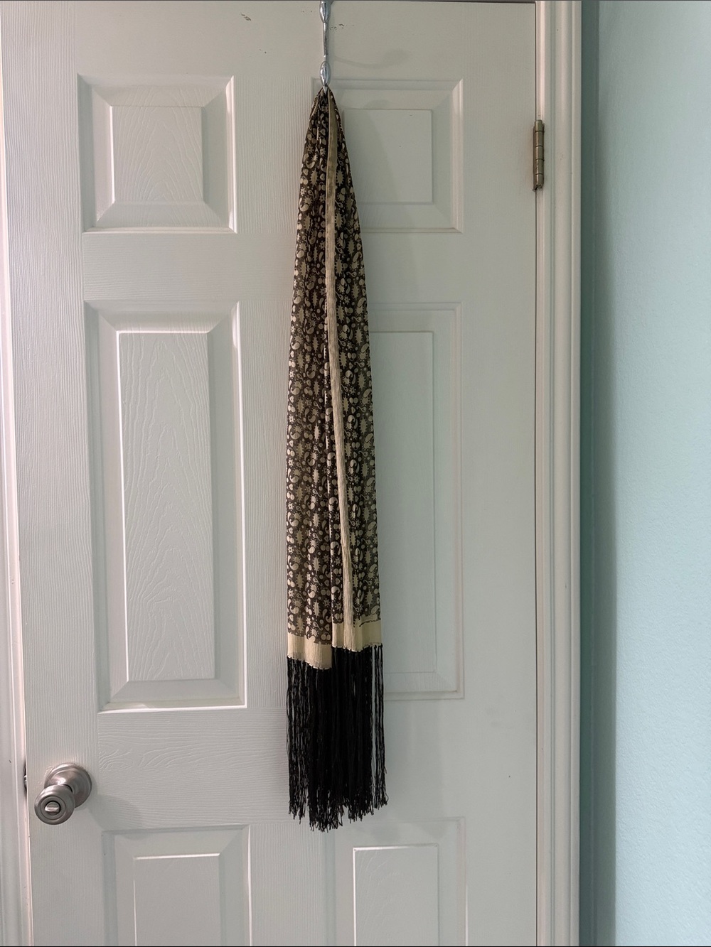 Giorgio Armani 100% Silk Black and Cream Patterned Fringe Scarf